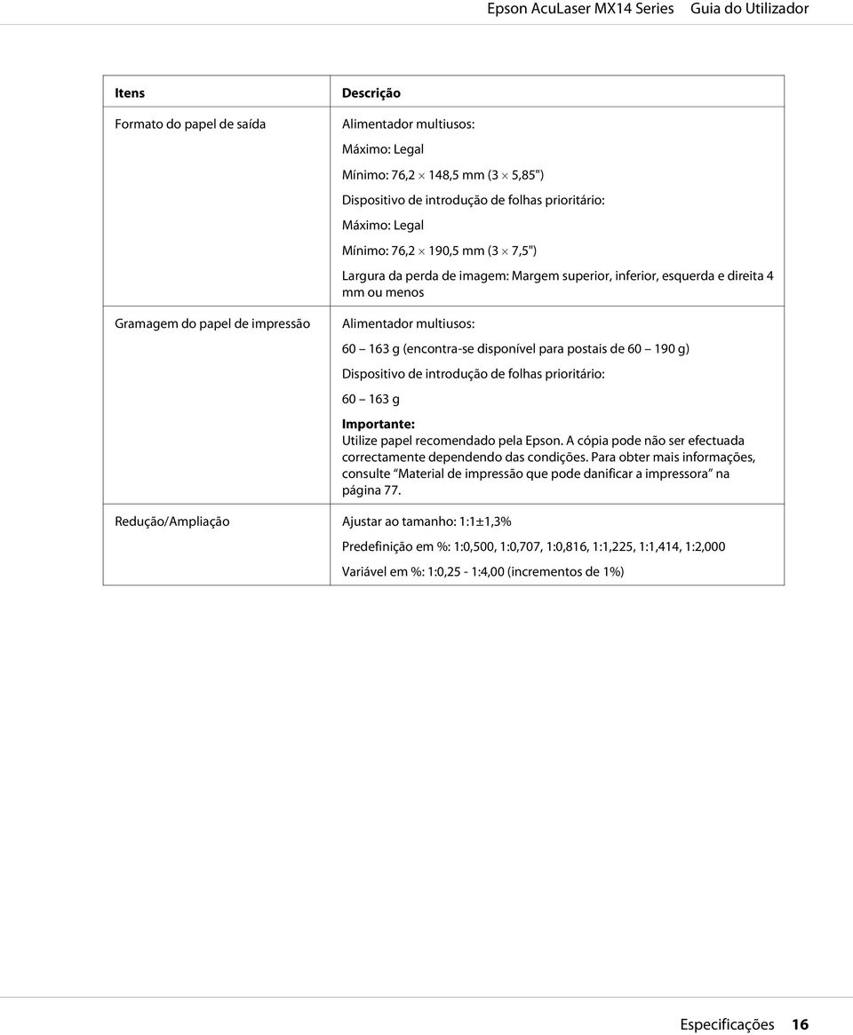 190 g) Dispositivo de introdução de folhas prioritário: 60 163 g Importante: Utilize papel recomendado pela Epson. A cópia pode não ser efectuada correctamente dependendo das condições.