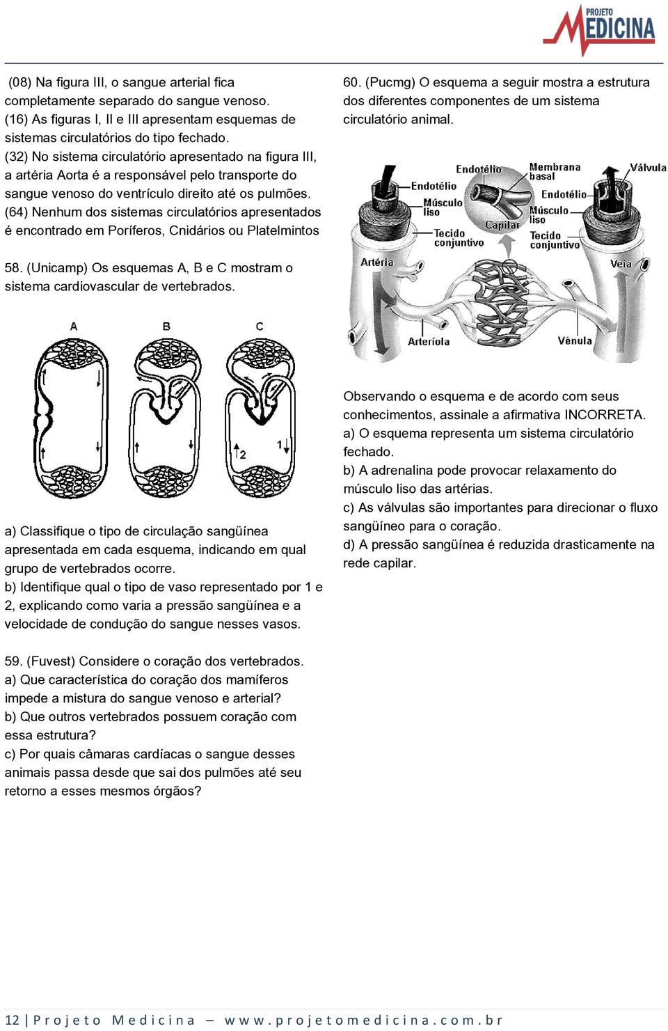 (64) Nenhum dos sistemas circulatórios apresentados é encontrado em Poríferos, Cnidários ou Platelmintos 60.