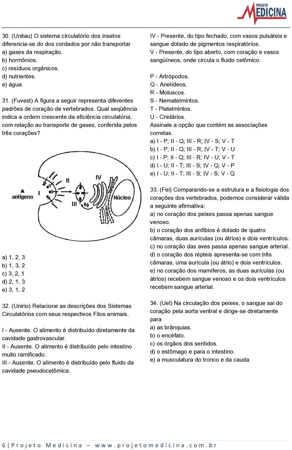 Qual seqüência indica a ordem crescente da eficiência circulatória, com relação ao transporte de gases, conferida pelos três corações? a) 1, 2, 3 b) 1, 3, 2 c) 3, 2, 1 d) 2, 1, 3 e) 3, 1, 2 32.