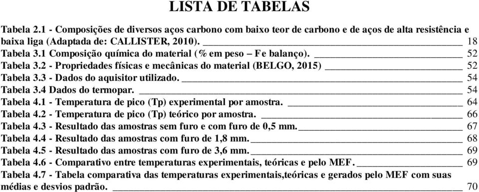 4 Dados do termopar. 54 Tabela 4.1 - Temperatura de pico (Tp) experimental por amostra. 64 Tabela 4.2 - Temperatura de pico (Tp) teórico por amostra. 66 Tabela 4.