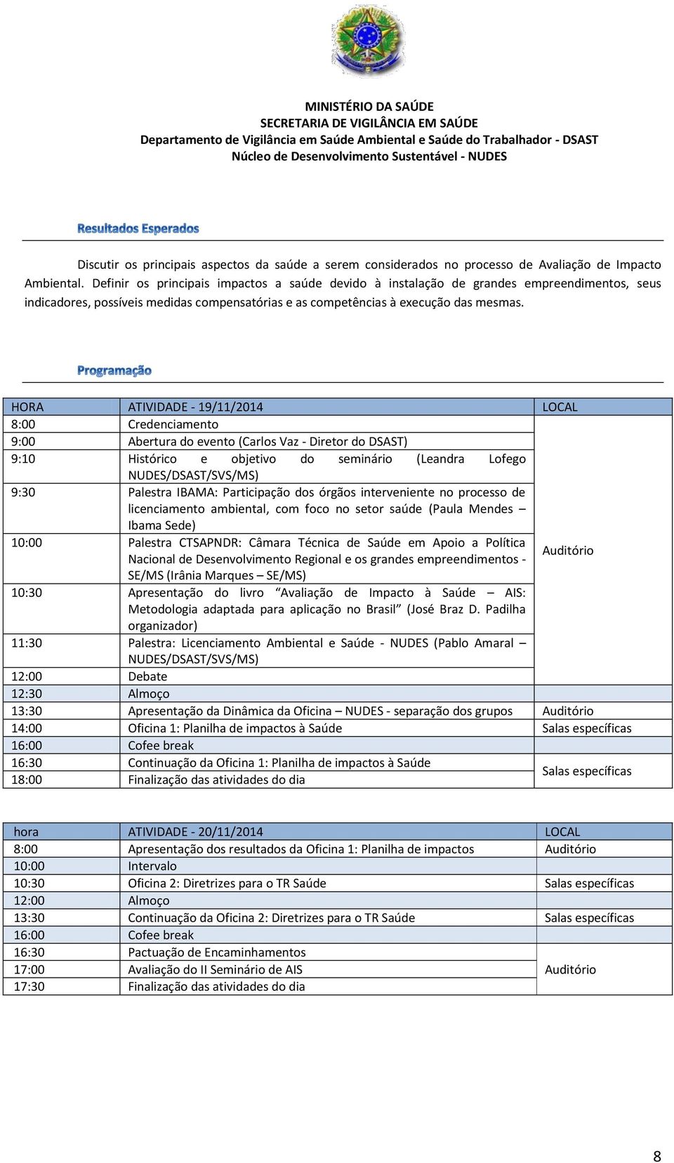 HORA ATIVIDADE - 19/11/2014 LOCAL 8:00 Credenciamento 9:00 Abertura do evento (Carlos Vaz - Diretor do DSAST) 9:10 Histórico e objetivo do seminário (Leandra Lofego NUDES/DSAST/SVS/MS) 9:30 Palestra