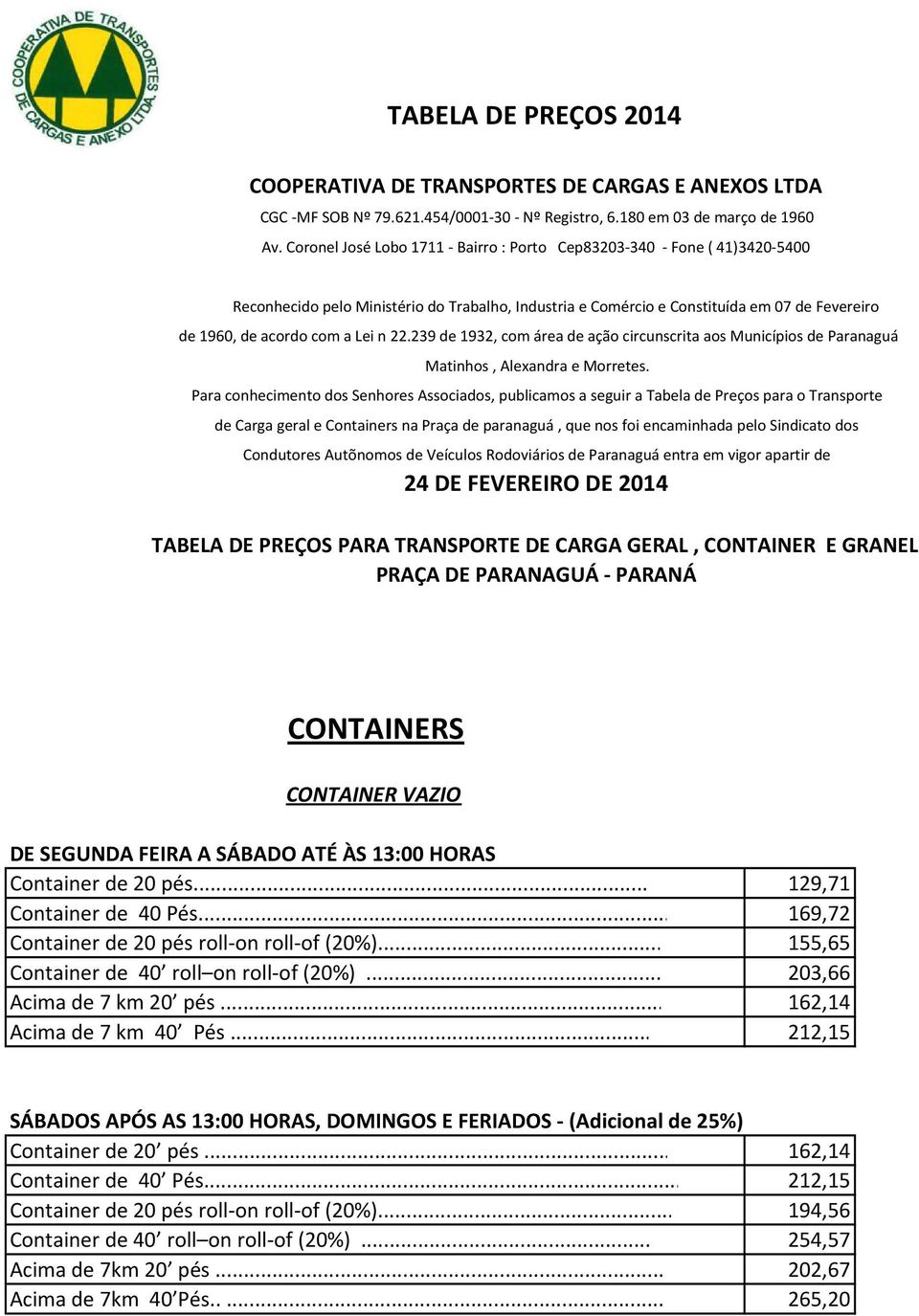 n 22.239 de 1932, com área de ação circunscrita aos Municípios de Paranaguá Matinhos, Alexandra e Morretes.