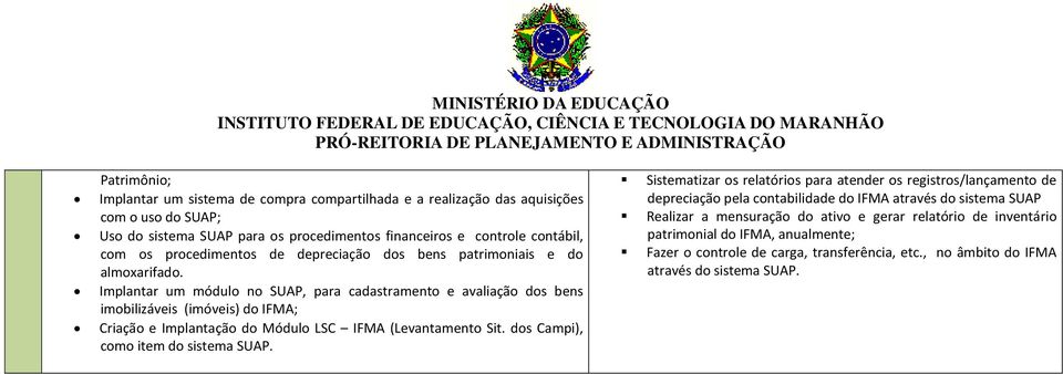 Implantar um módulo no SUAP, para cadastramento e avaliação dos bens imobilizáveis (imóveis) do IFMA; Criação e Implantação do Módulo LSC IFMA (Levantamento Sit.