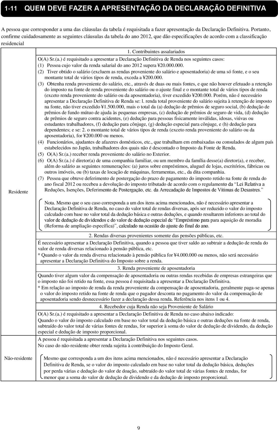 ) é requisitado a apresentar a Declaração Definitiva de Renda nos seguintes casos: (1) Pessoa cujo valor da renda salarial do ano 2012 supera 20.000.