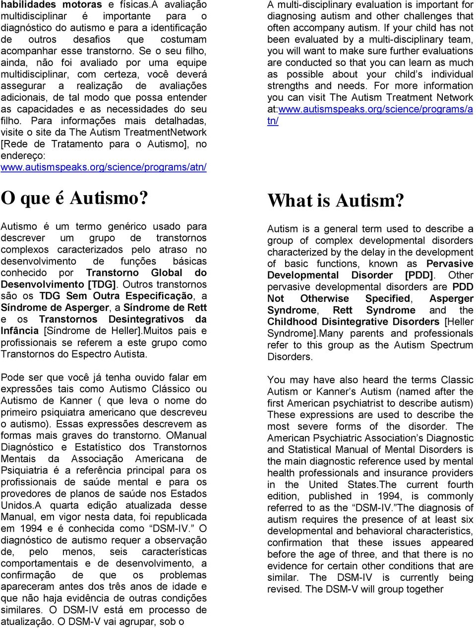necessidades do seu filho. Para informações mais detalhadas, visite o site da The Autism TreatmentNetwork [Rede de Tratamento para o Autismo], no endereço: www.autismspeaks.