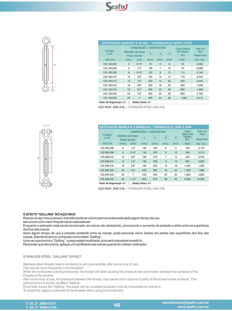 106.025 25 1 300 24 30 1.000 3,415 de Trabalo ESTICADOR MANILHA X MANILHA / TURNBUCKLE JAW X JAW Diâmetro da rosca L L1 D E Tread diameter AISI 316 (mm) (pol) (mm) (mm) (mm) (mm) (kgf) (kg / pç) 125.