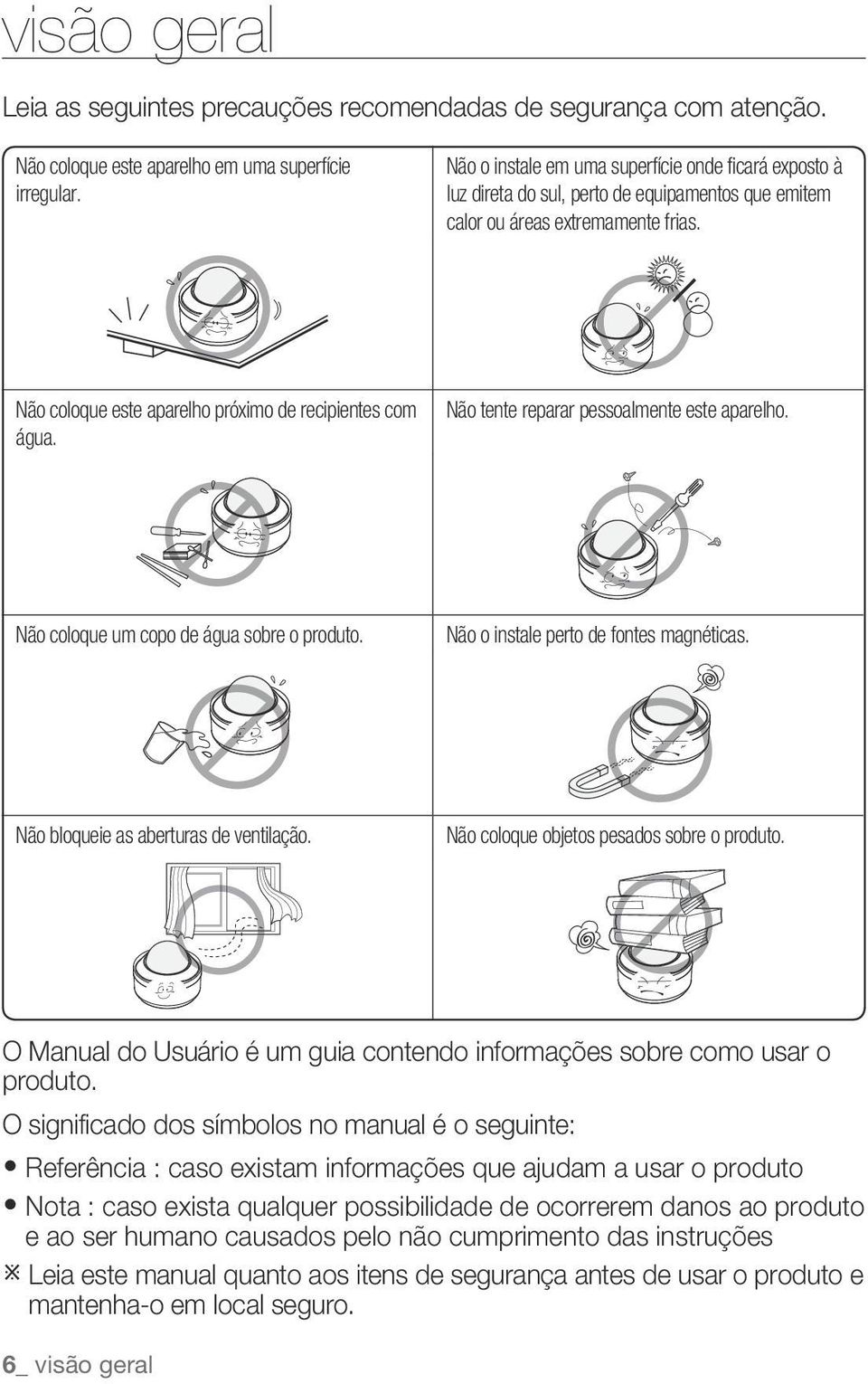 Não tente reparar pessoalmente este aparelho. Não coloque um copo de água sobre o produto. Não o instale perto de fontes magnéticas. Não bloqueie as aberturas de ventilação.