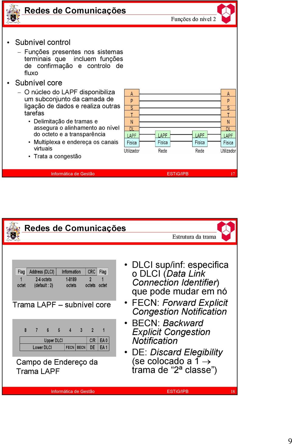 canais virtuais Trata a congestão 17 Estrutura da trama Trama LAPF subnível core Campo de Endereço da Trama LAPF DLCI sup/inf: especifica o DLCI (Data Link Connection Identifier)