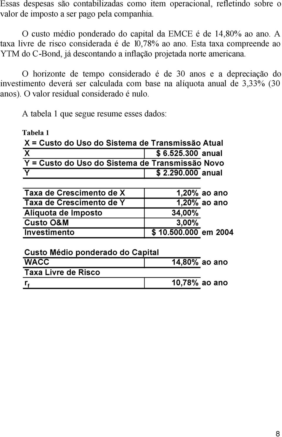 O horizonte de tempo considerado é de 30 anos e a depreciação do investimento deverá ser calculada com base na alíquota anual de 3,33% (30 anos). O valor residual considerado é nulo.