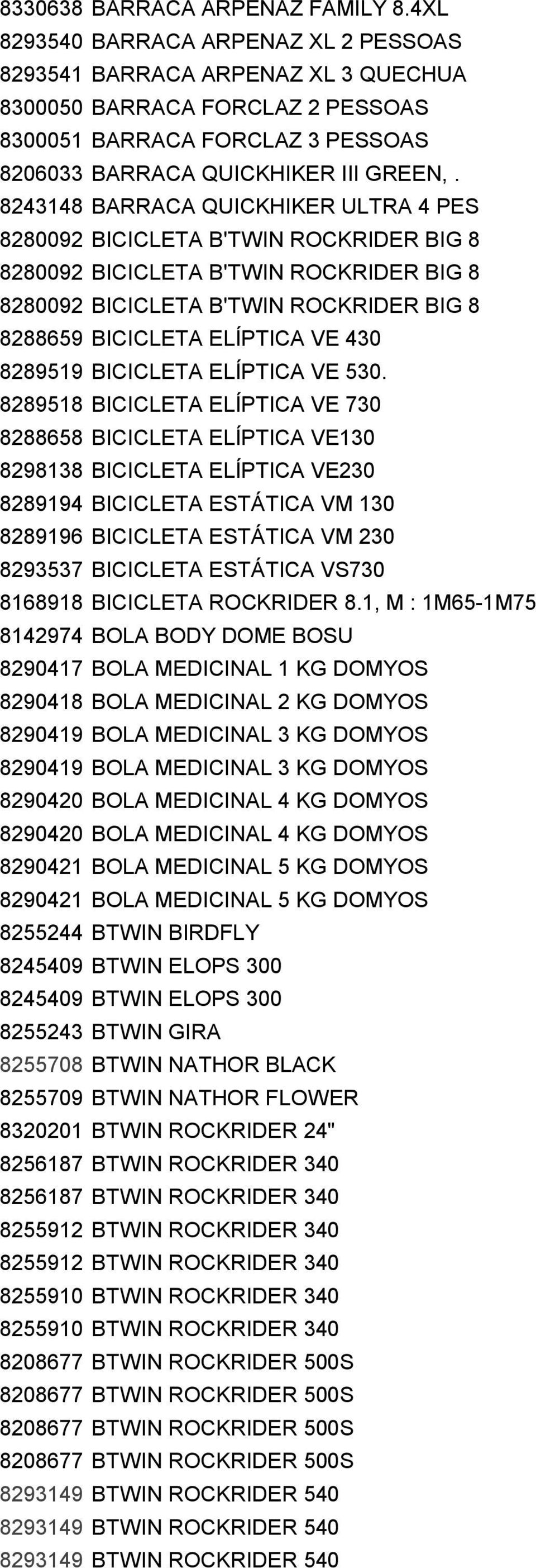 8243148 BARRACA QUICKHIKER ULTRA 4 PES 8280092 BICICLETA B'TWIN ROCKRIDER BIG 8 8280092 BICICLETA B'TWIN ROCKRIDER BIG 8 8280092 BICICLETA B'TWIN ROCKRIDER BIG 8 8288659 BICICLETA ELÍPTICA VE 430