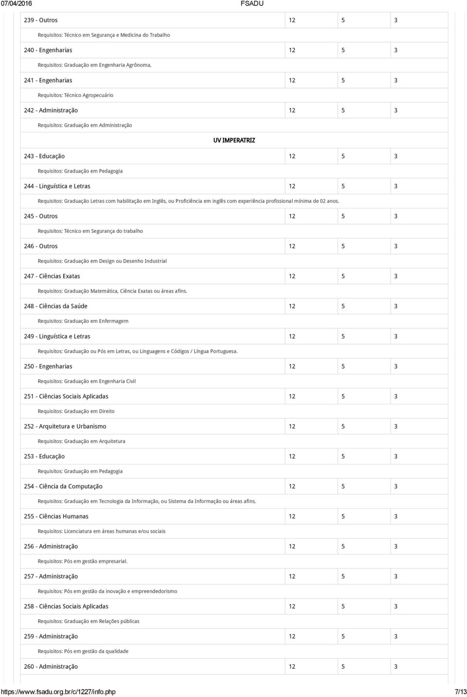 Requisitos: Graduação em Design ou Desenho Industrial 247 - Ciências Exatas 12 5 3 248 - Ciências da Saúde 12 5 3 Requisitos: Graduação em Enfermagem 249 - Linguística e Letras 12 5 3 Requisitos: