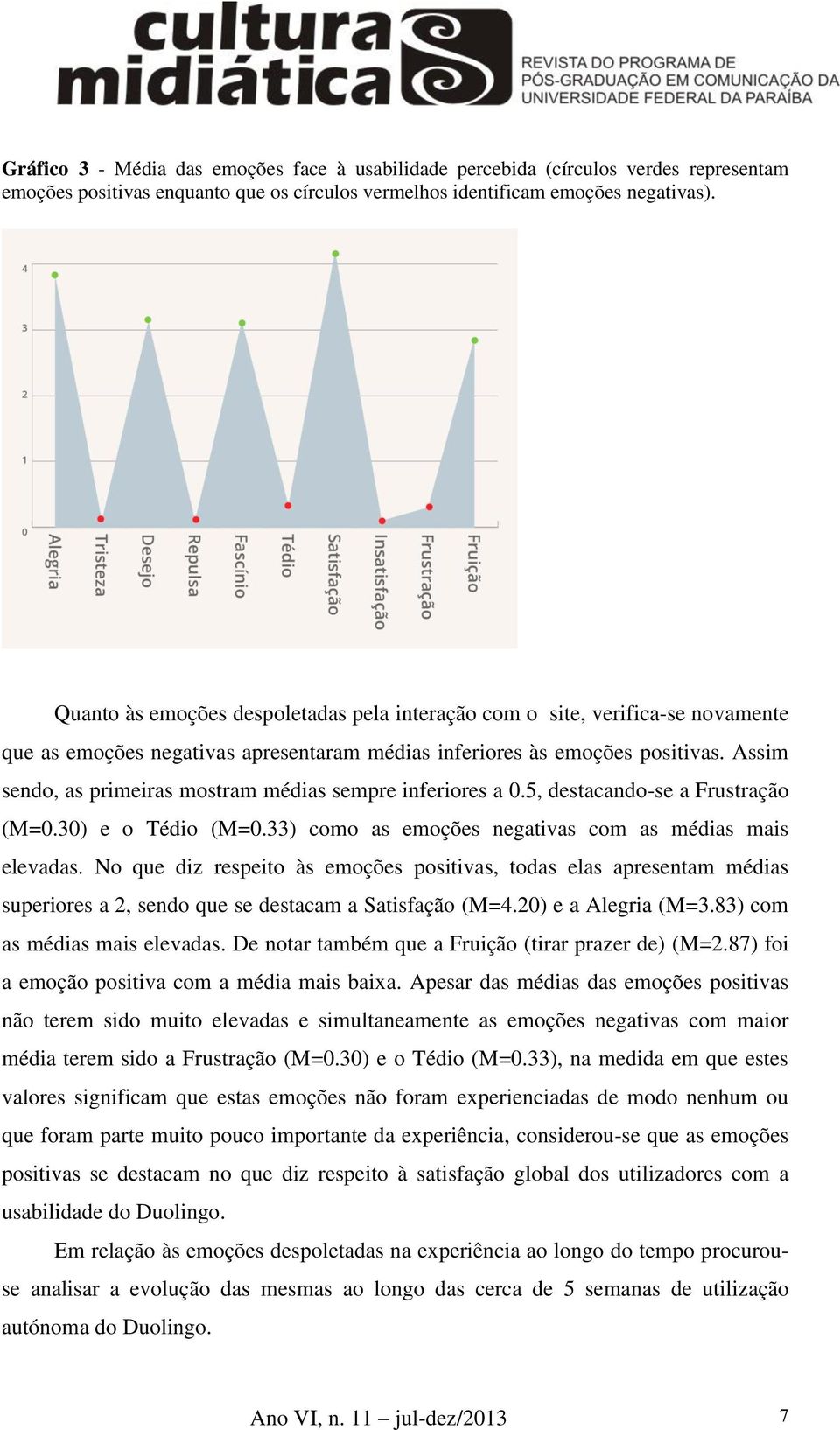 Assim sendo, as primeiras mostram médias sempre inferiores a 0.5, destacando-se a Frustração (M=0.30) e o Tédio (M=0.33) como as emoções negativas com as médias mais elevadas.