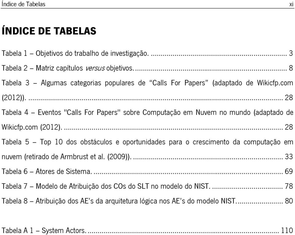 ... 28 Tabela 4 Eventos "Calls For Papers" sobre Computação em Nuvem no mundo (adaptado de Wikicfp.com (2012).