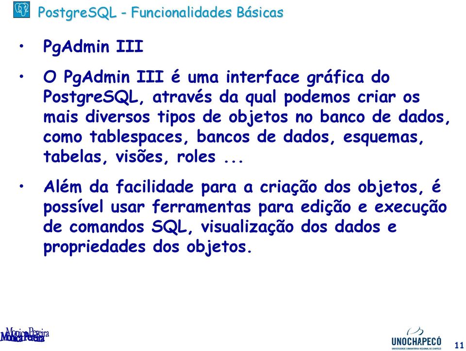 esquemas, tabelas, visões, roles.