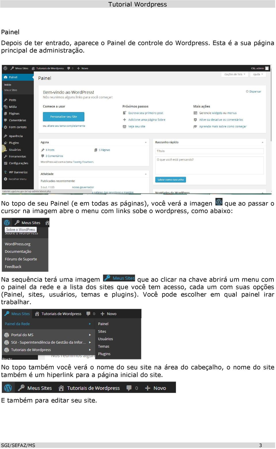 imagem que ao clicar na chave abrirá um menu com o painel da rede e a lista dos sites que você tem acesso, cada um com suas opções (Painel, sites, usuários, temas e plugins).