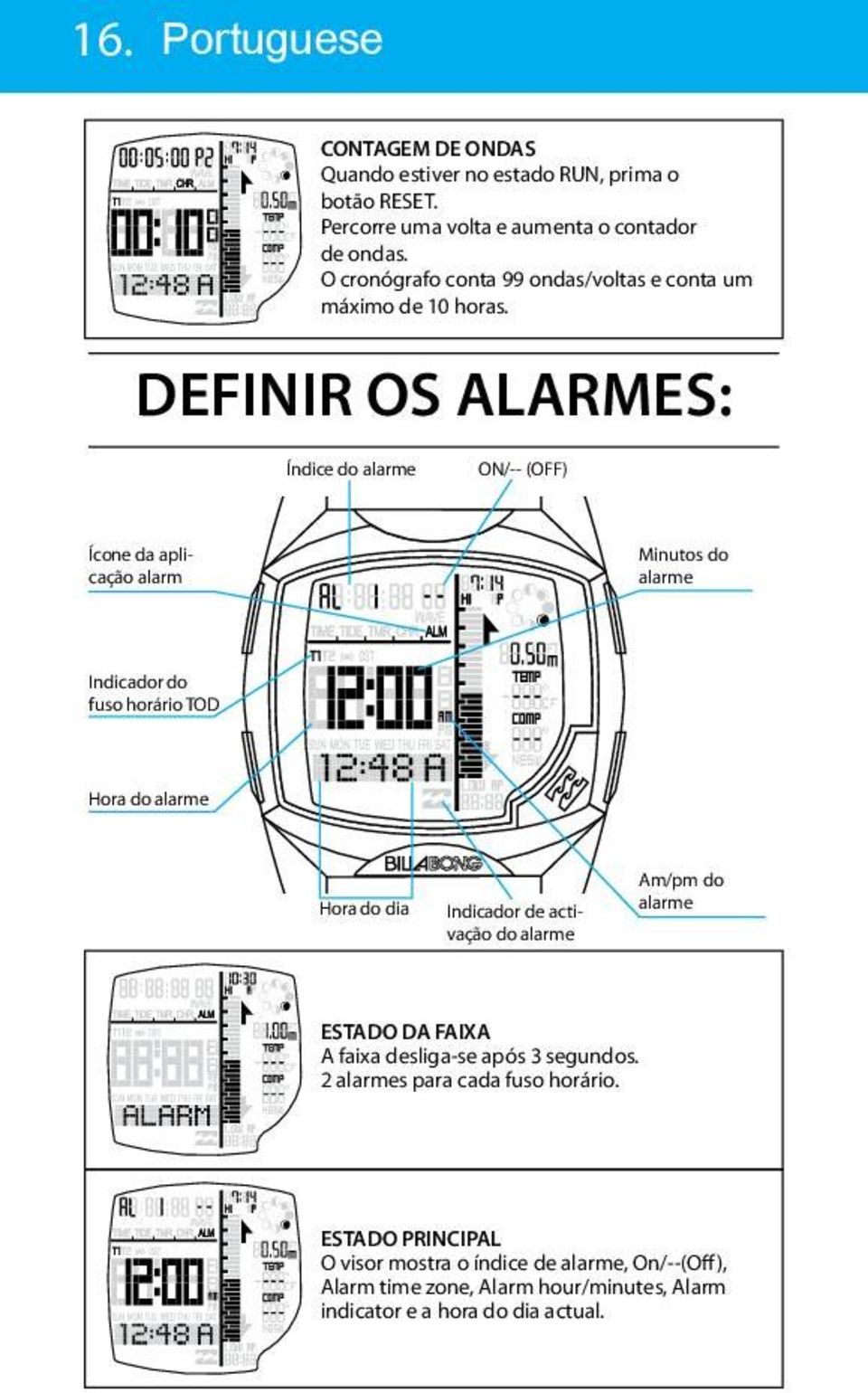 DEFINIR OS ALARMES: Índice do alarme ON/-- (OFF) Ícone da aplicação alarm Minutos do alarme Indicador do fuso horário TOD Hora do alarme Hora do dia