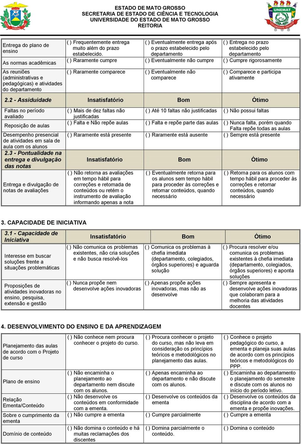 Eventualmente não comparece ( ) Comparece e participa ativamente 2.2 - Assiduidade Faltas no período avaliado Reposição de aulas Desempenho presencial de atividades em sala de aula com os alunos 2.