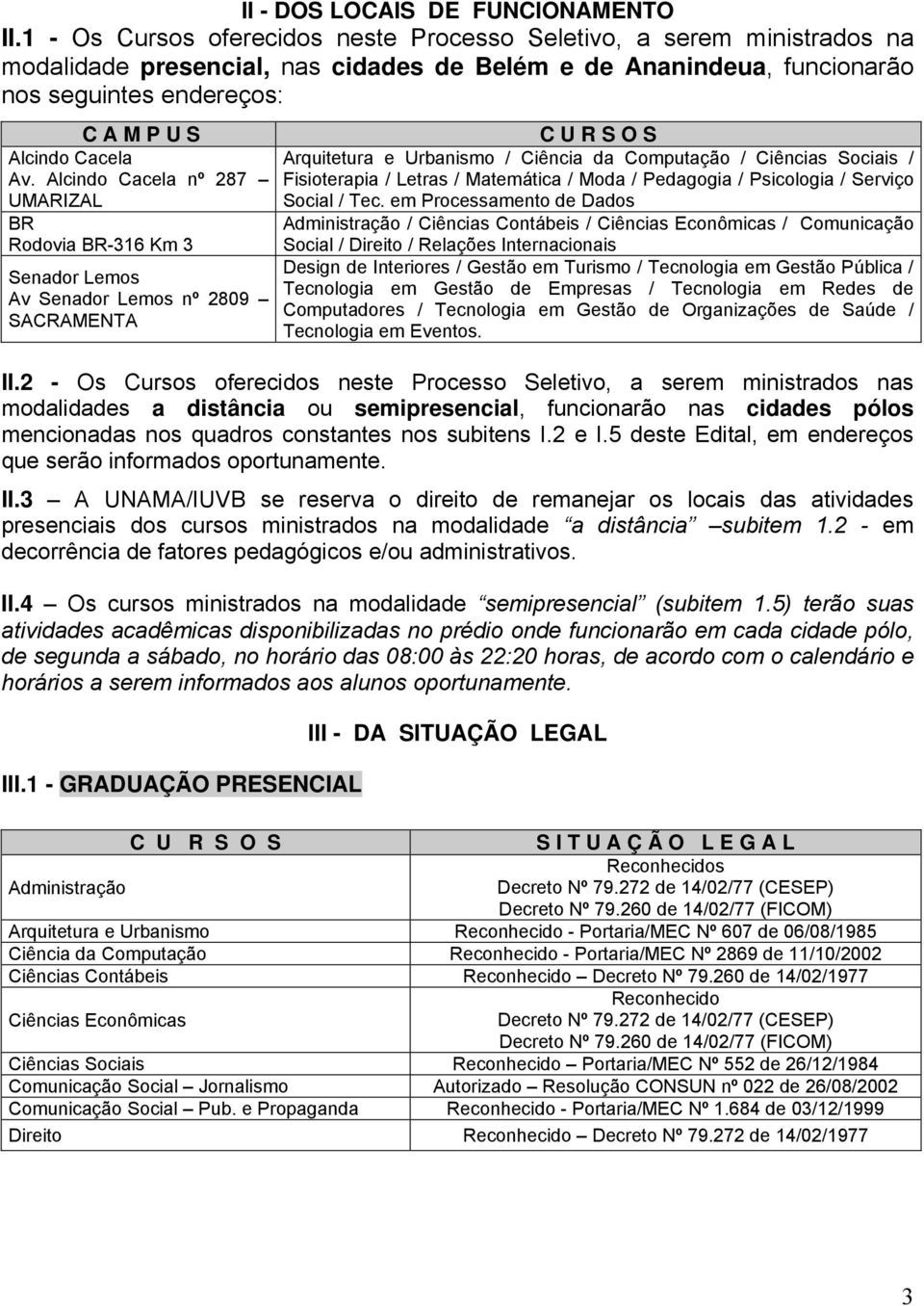 Arquitetura e Urbanismo / Ciência da Computação / Ciências Sociais / Av. Alcindo Cacela nº 287 Fisioterapia / Letras / Matemática / Moda / Pedagogia / Psicologia / Serviço UMARIZAL Social / Tec.