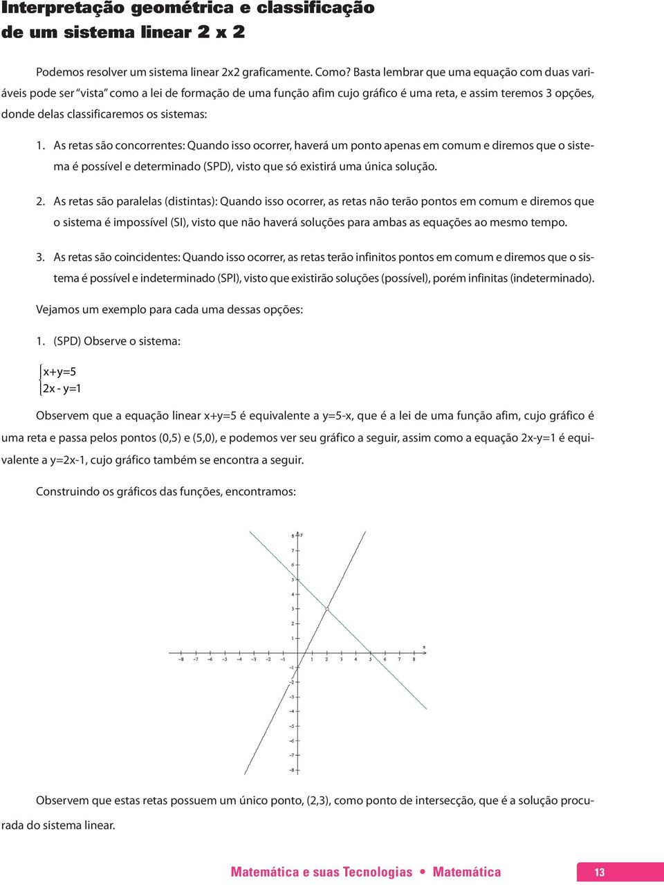 As retas são concorrentes: Quando isso ocorrer, haverá um ponto apenas em comum e diremos que o sistema é possível e determinado (SPD), visto que só existirá uma única solução. 2.