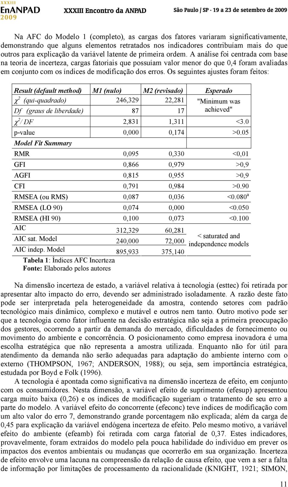 A análise foi centrada com base na teoria de incerteza, cargas fatoriais que possuíam valor menor do que 0,4 foram avaliadas em conjunto com os índices de modificação dos erros.