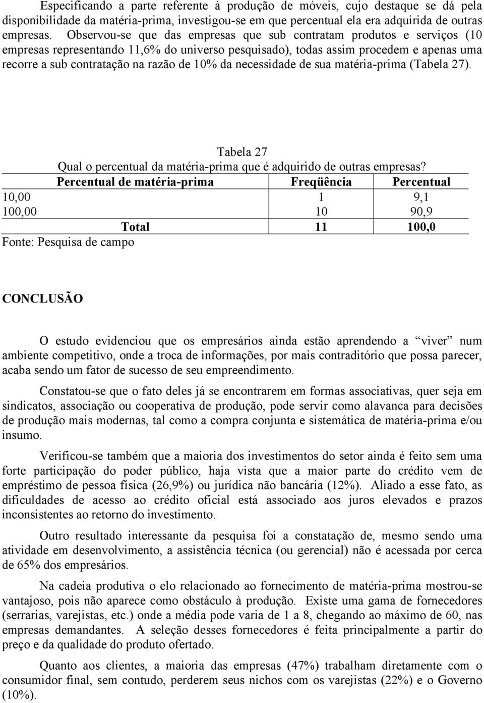 10% da necessidade de sua matéria-prima (Tabela 27). Tabela 27 Qual o percentual da matéria-prima que é adquirido de outras empresas?