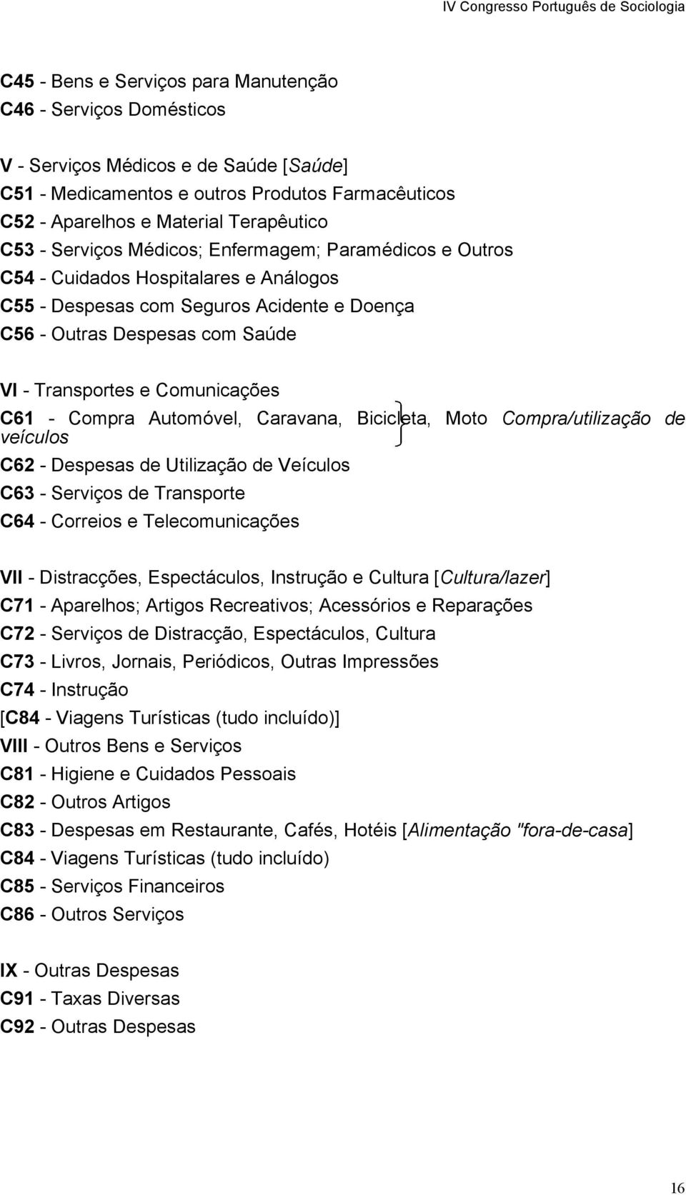 C61 - Compra Automóvel, Caravana, Bicicleta, Moto Compra/utilização de veículos C62 - Despesas de Utilização de Veículos C63 - Serviços de Transporte C64 - Correios e Telecomunicações VII -