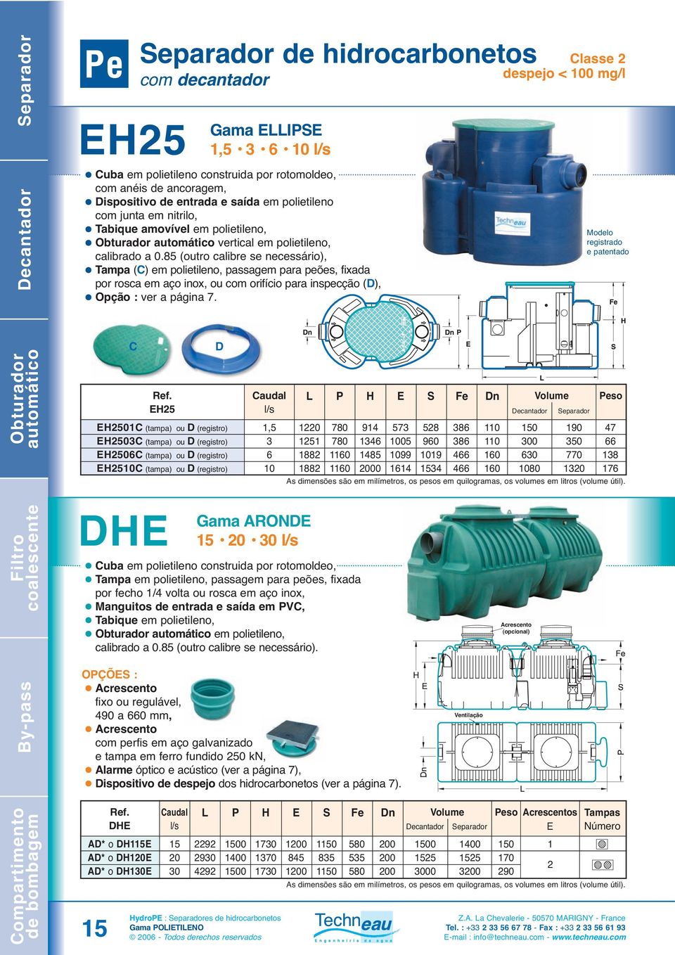 Classe despejo < 00 mg/l Modelo registrado e patentado C EH5 D EH50C (tampa) ou D (registro) EH50C (tampa) ou D (registro) EH50C (tampa) ou D (registro) EH50C (tampa) ou D (registro),5 0 0 5 88 88