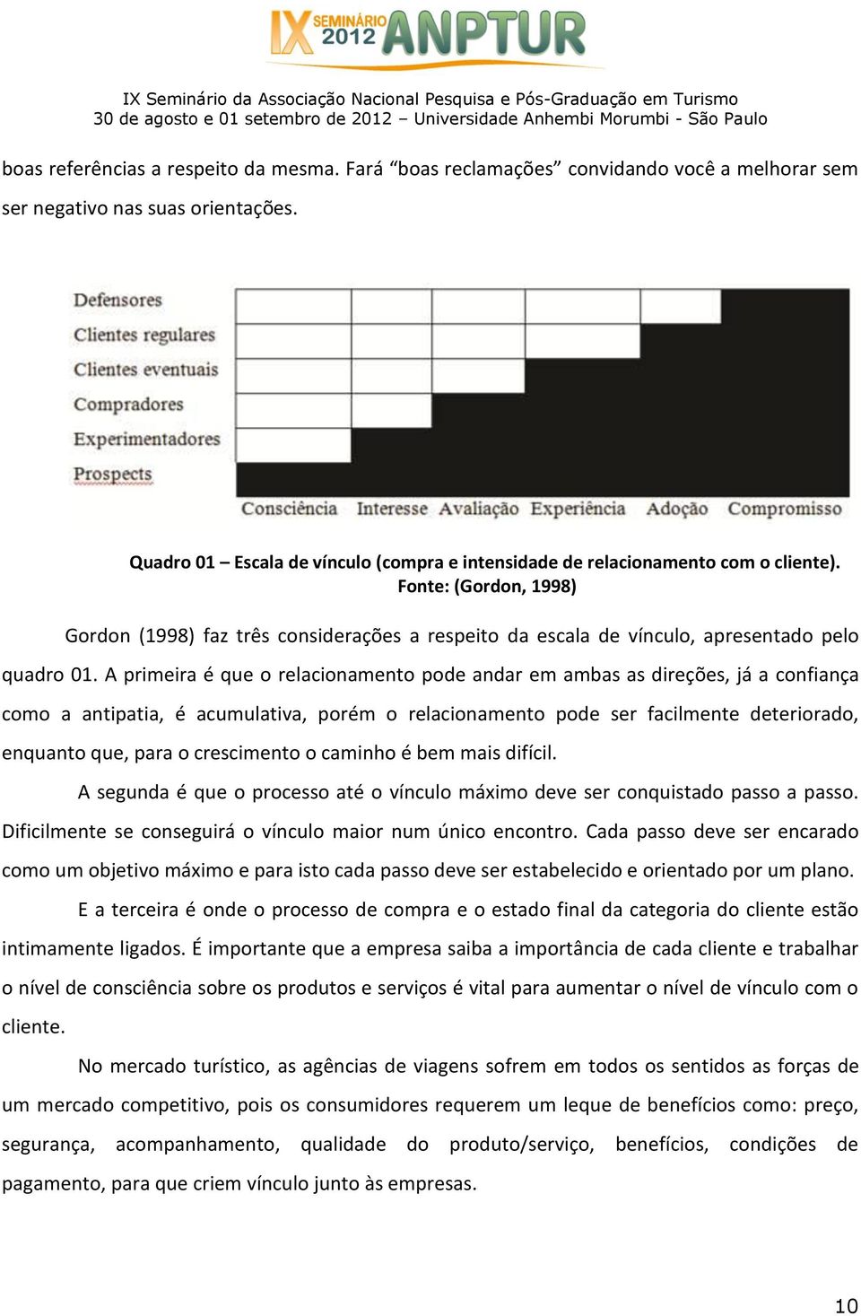 Fonte: (Gordon, 1998) Gordon (1998) faz três considerações a respeito da escala de vínculo, apresentado pelo quadro 01.