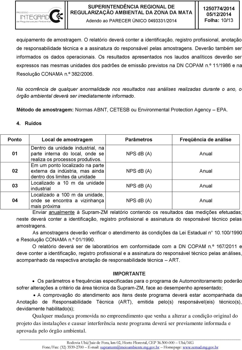 º 11/1986 e na Resolução CONAMA n.º 382/2006. Na ocorrência de qualquer anormalidade nos resultados nas análises realizadas durante o ano, o órgão ambiental deverá ser imediatamente informado.