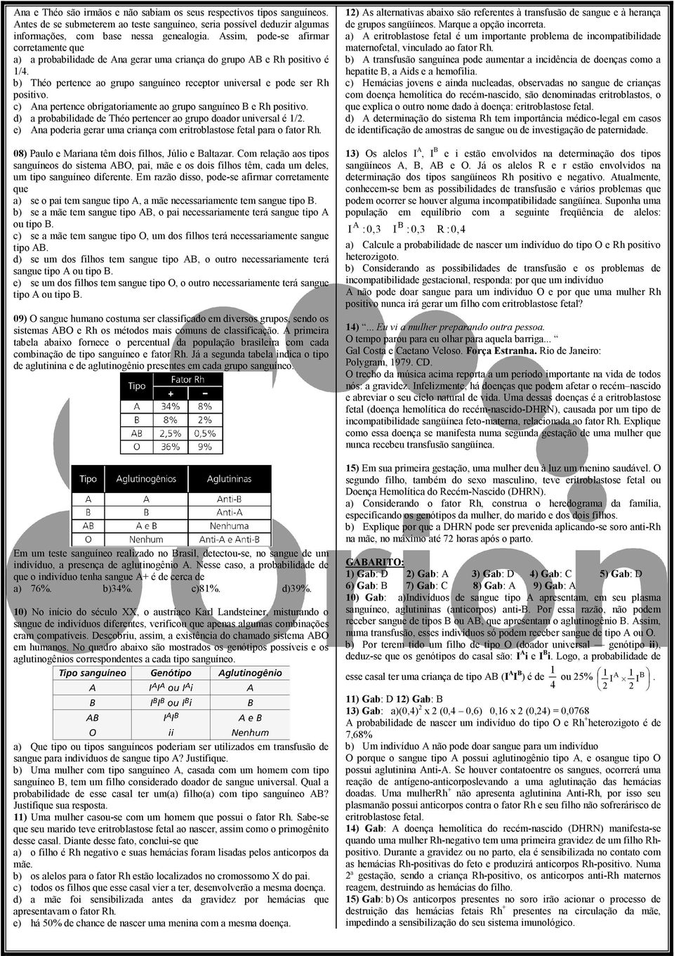 c) na pertence obrigatoriamente ao grupo sanguíneo B e Rh positivo. d) a probabilidade de Théo pertencer ao grupo doador universal é 1/2.