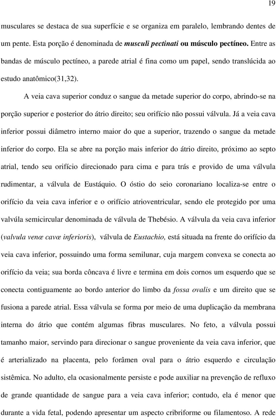 A veia cava superior conduz o sangue da metade superior do corpo, abrindo-se na porção superior e posterior do átrio direito; seu orifício não possui válvula.