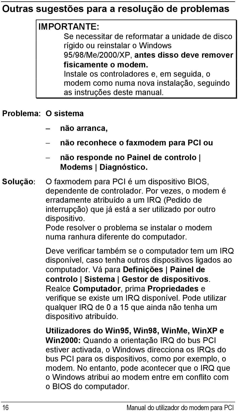 Problema: O sistema Solução: não arranca, não reconhece o faxmodem para PCI ou não responde no Painel de controlo Modems Diagnóstico.
