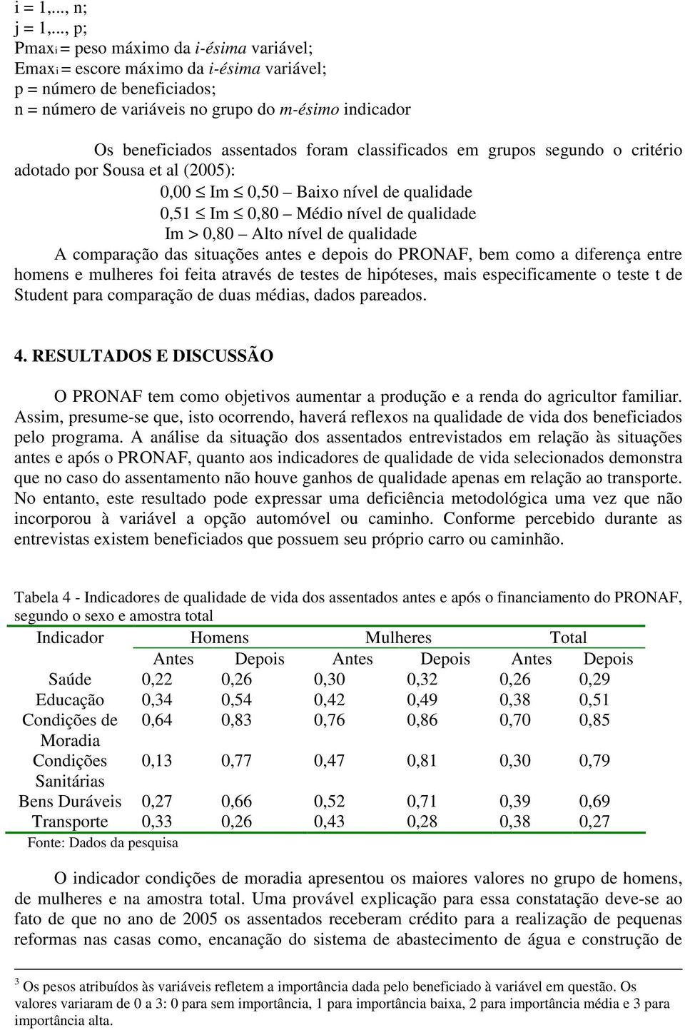 foram classificados em grupos segundo o critério adotado por Sousa et al (2005): 0,00 Im 0,50 Baixo nível de qualidade 0,51 Im 0,80 Médio nível de qualidade Im > 0,80 Alto nível de qualidade A