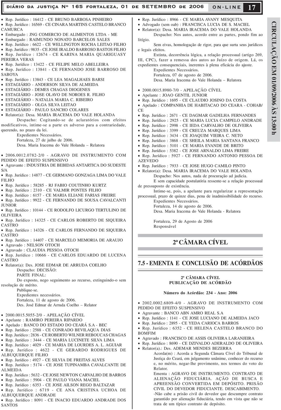 Jurídico : 6622 - CE WELLINGTON ROCHA LEITAO FILHO Rep. Jurídico : 9835 - CE JOSE IRALDO BARROSO BASTOS FILHO Rep. Jurídico : 12674 - CE KARINA MARIA QUARIGUASY PEREIRA VERAS Rep.