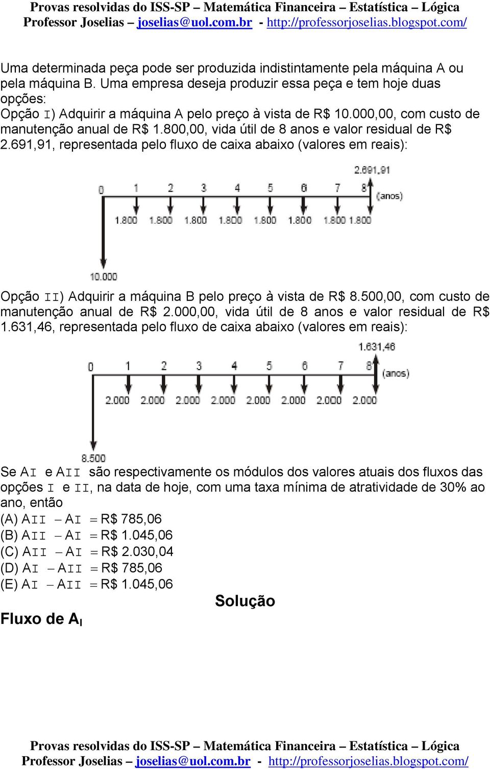 800,00, vida útil de 8 anos e valor residual de R$ 2.691,91, representada pelo fluxo de caixa abaixo (valores em reais): Opção ) Adquirir a máquina B pelo preço à vista de R$ 8.