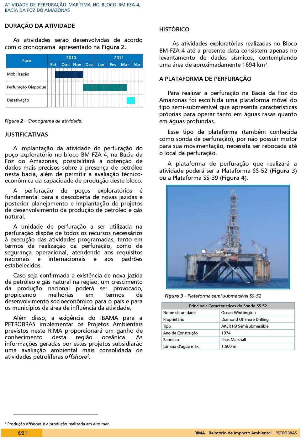 JUSTIFICATIVAS 2010 2011 Set Out Nov Dez Jan Fev Mar Abr A implantação da atividade de perfuração do poço exploratório no bloco BM-FZA-4, na Bacia da Foz do Amazonas, possibilitará a obtenção de