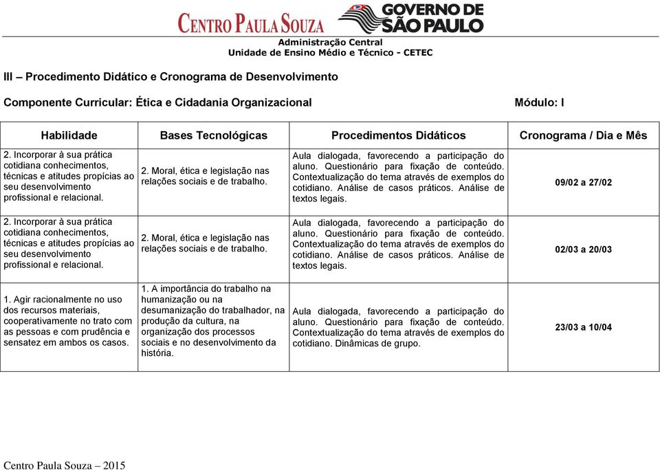 2. Incorporar à sua prática cotidiana conhecimentos, técnicas e atitudes propícias ao seu desenvolvimento profissional e relacional. 2. Moral, ética e legislação nas relações sociais e de trabalho.