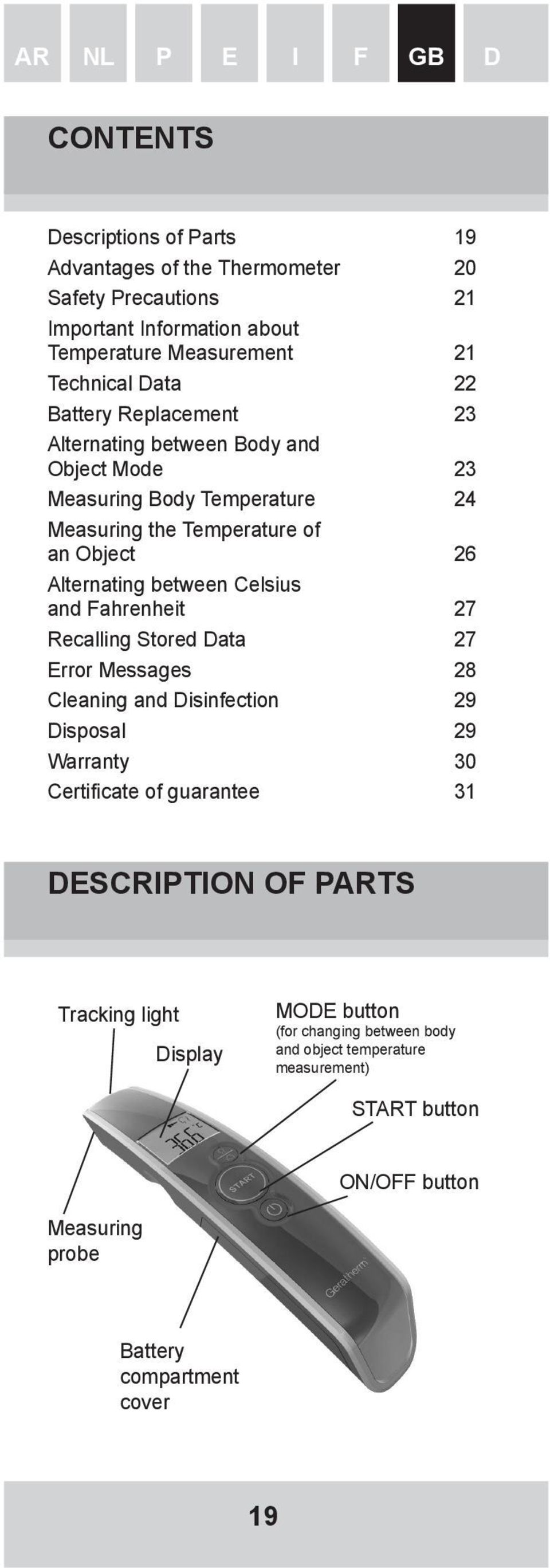 Celsius and Fahrenheit 27 Recalling Stored Data 27 Error Messages 28 Cleaning and Disinfection 29 Disposal 29 Warranty 30 Certifi cate of guarantee 31 DESCRIPTION OF