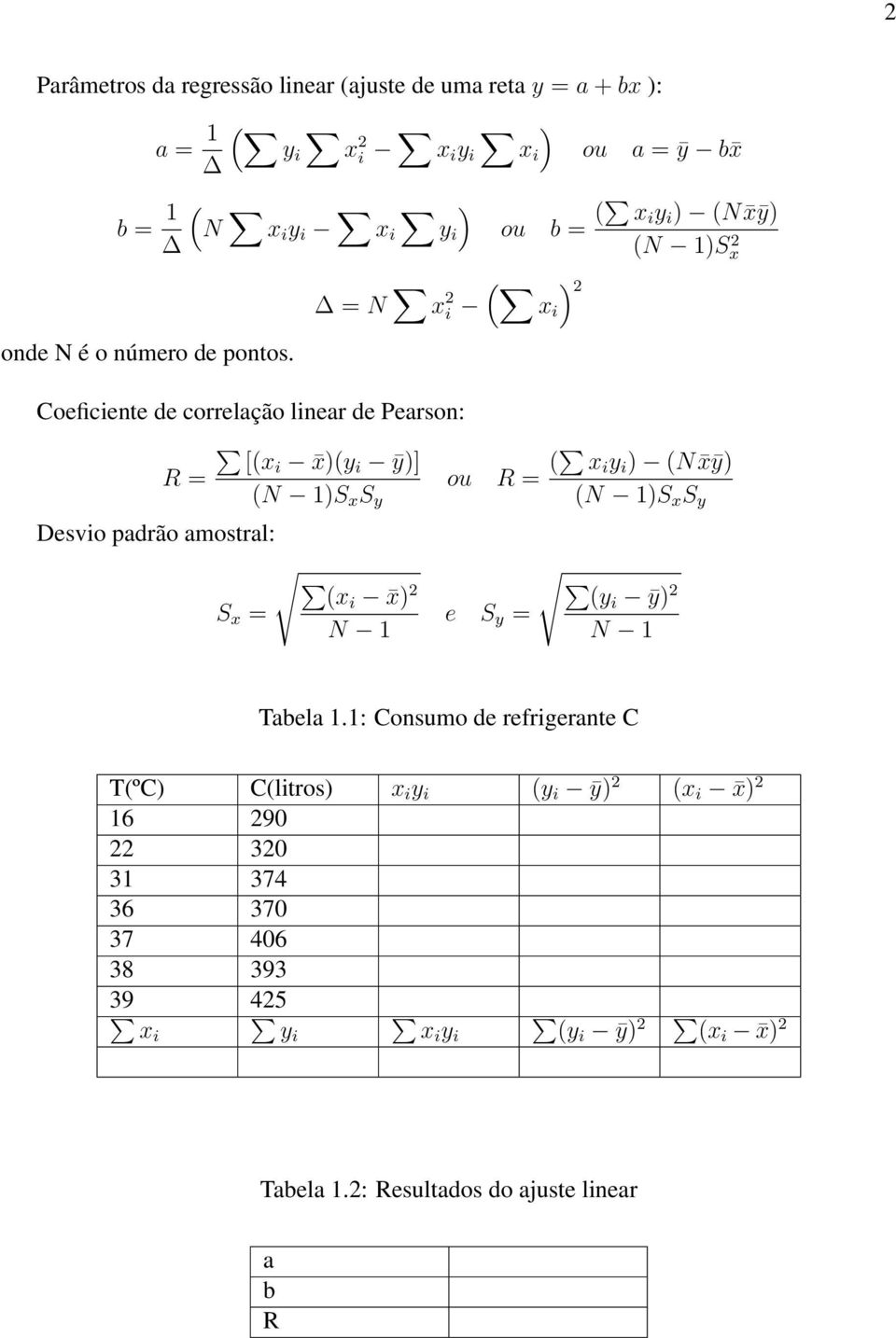 Coeficiente de correlação linear de Pearson: [(xi x)(y i ȳ)] R = ou R = ( xi y i ) (N xȳ) (N 1)S x S y (N 1)S x S y Desvio padrão amostral: S x = (xi
