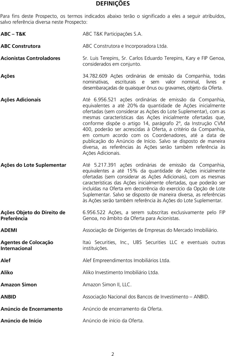 Anúncio de Início ABC T&K Participações S.A. ABC Construtora e Incorporadora Ltda. Sr. Luis Terepins, Sr. Carlos Eduardo Terepins, Kary e FIP Genoa, considerados em conjunto. 34.782.