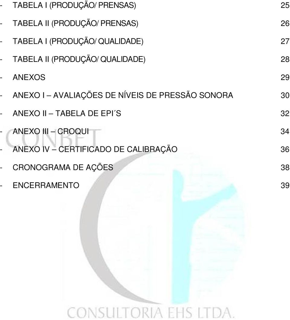 AVALIAÇÕES DE NÍVEIS DE PRESSÃO SONORA 30 - ANEXO II TABELA DE EPI S 32 - ANEXO III