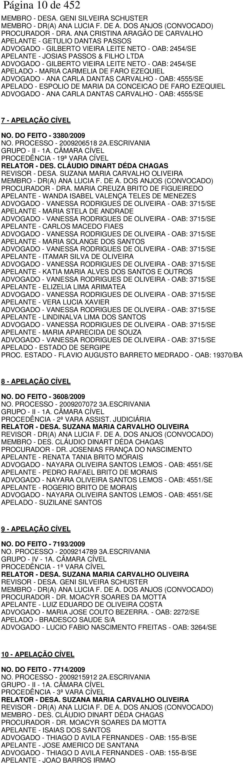 OAB: 2454/SE APELADO - MARIA CARMELIA DE FARO EZEQUIEL ADVOGADO - ANA CARLA DANTAS CARVALHO - OAB: 4555/SE APELADO - ESPOLIO DE MARIA DA CONCEICAO DE FARO EZEQUIEL ADVOGADO - ANA CARLA DANTAS