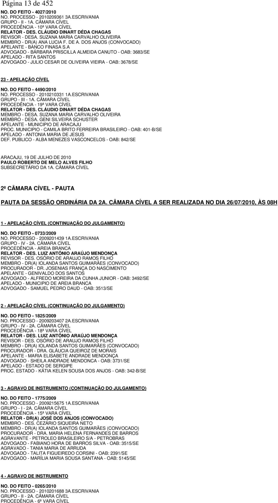 A ADVOGADO - BÁRBARA PRISCILLA ALMEIDA CANUTO - OAB: 3683/SE APELADO - RITA SANTOS ADVOGADO - JULIO CESAR DE OLIVEIRA VIEIRA - OAB: 3678/SE 23 - APELAÇÃO CÍVEL NO. DO FEITO - 4490/2010 NO.