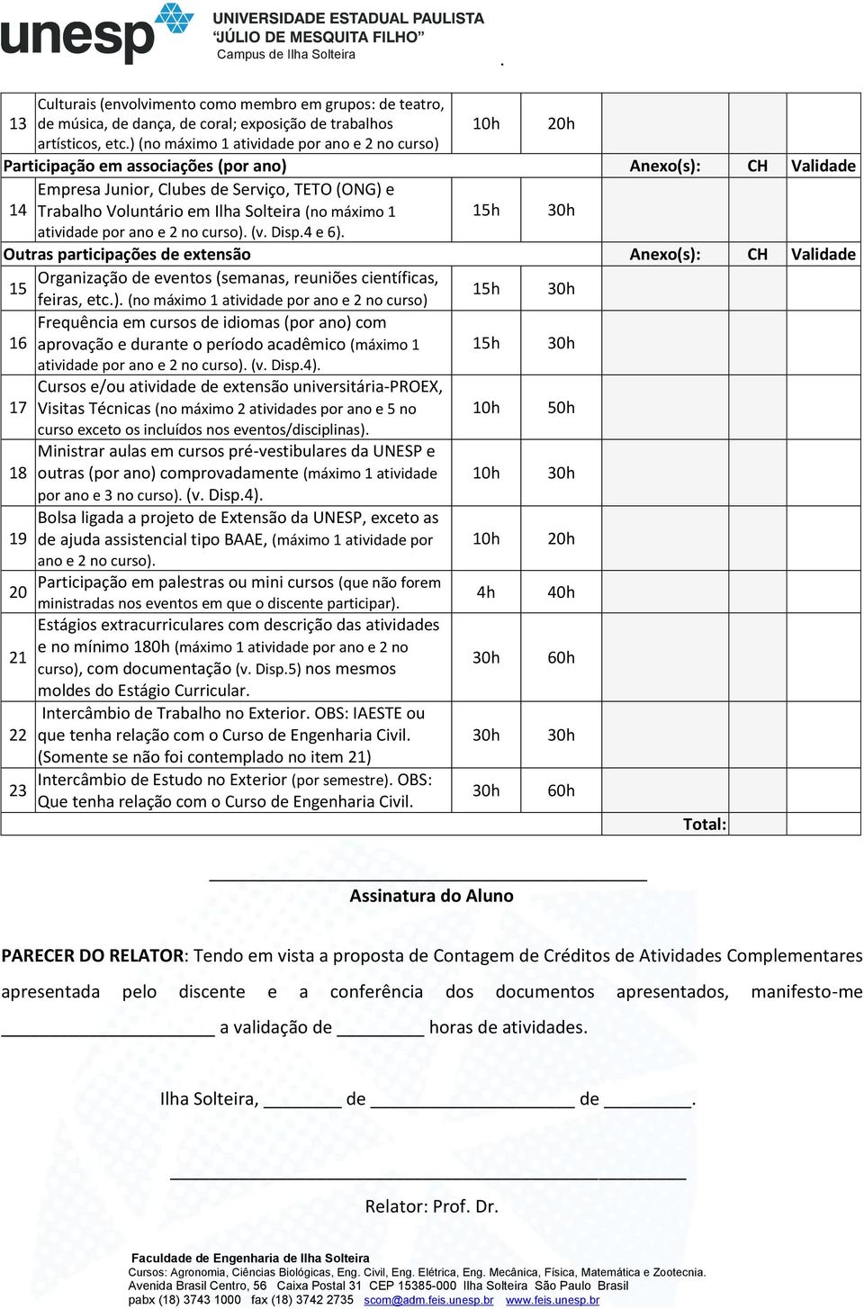 máximo 1 15h 30h atividade por ano e 2 no curso).