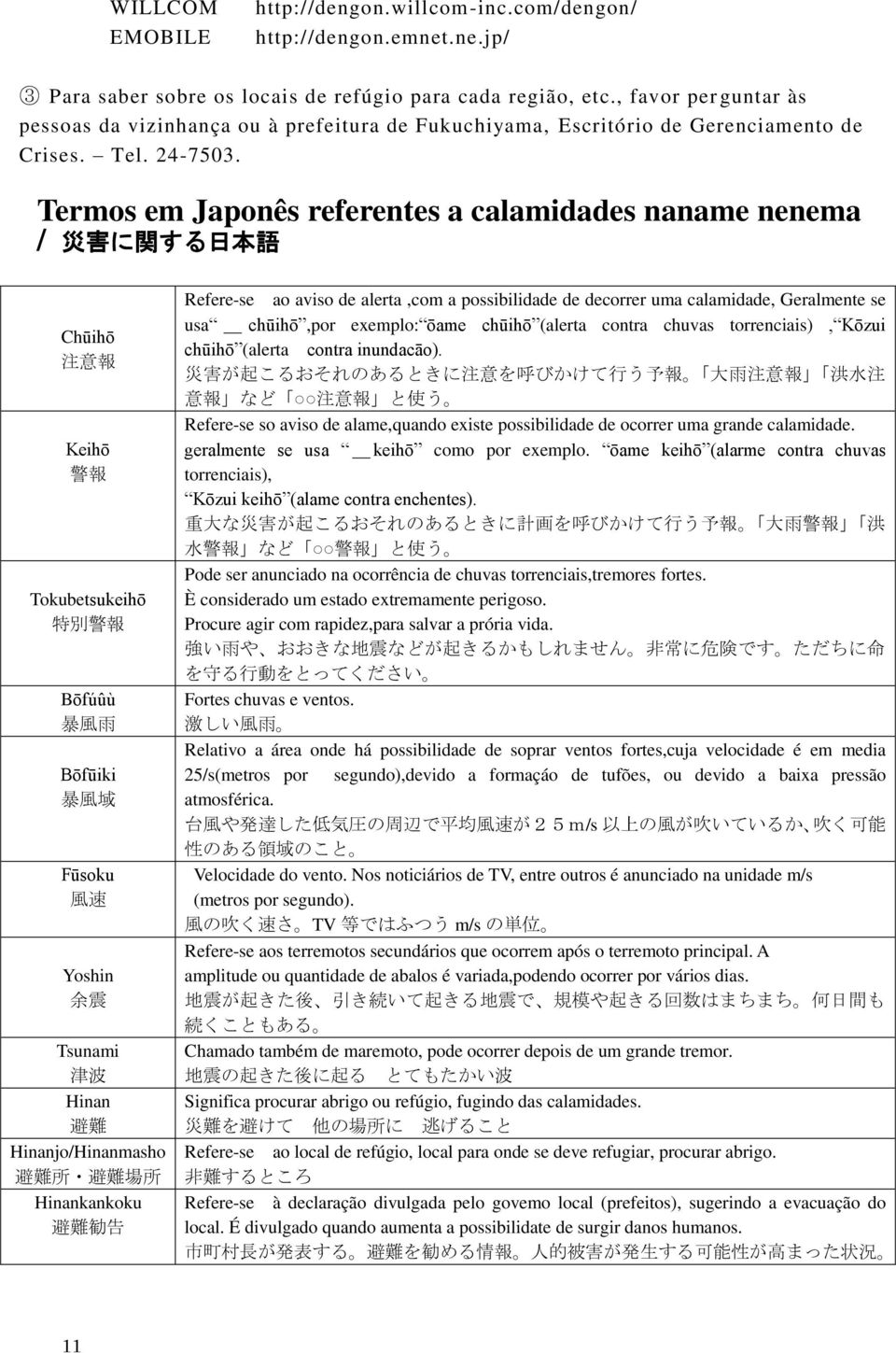 Termos em Japonês referentes a calamidades naname nenema / 災 害 に 関 する 日 本 語 Chūihō 注 意 報 Keihō 警 報 Tokubetsukeihō 特 別 警 報 Bōfúûù 暴 風 雨 Bōfūiki 暴 風 域 Fūsoku 風 速 Yoshin 余 震 Tsunami 津 波 Hinan 避 難