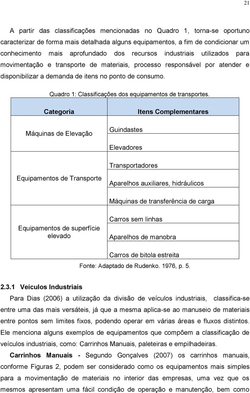 Quadro 1: Classificações dos equipamentos de transportes.