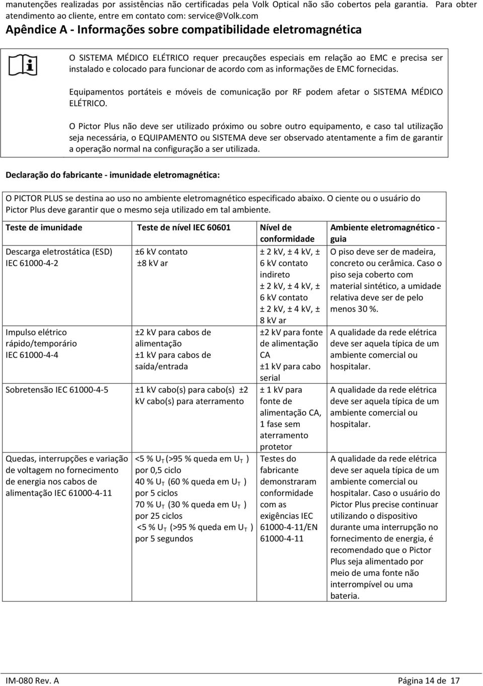 com as informações de EMC fornecidas. Equipamentos portáteis e móveis de comunicação por RF podem afetar o SISTEMA MÉDICO ELÉTRICO.