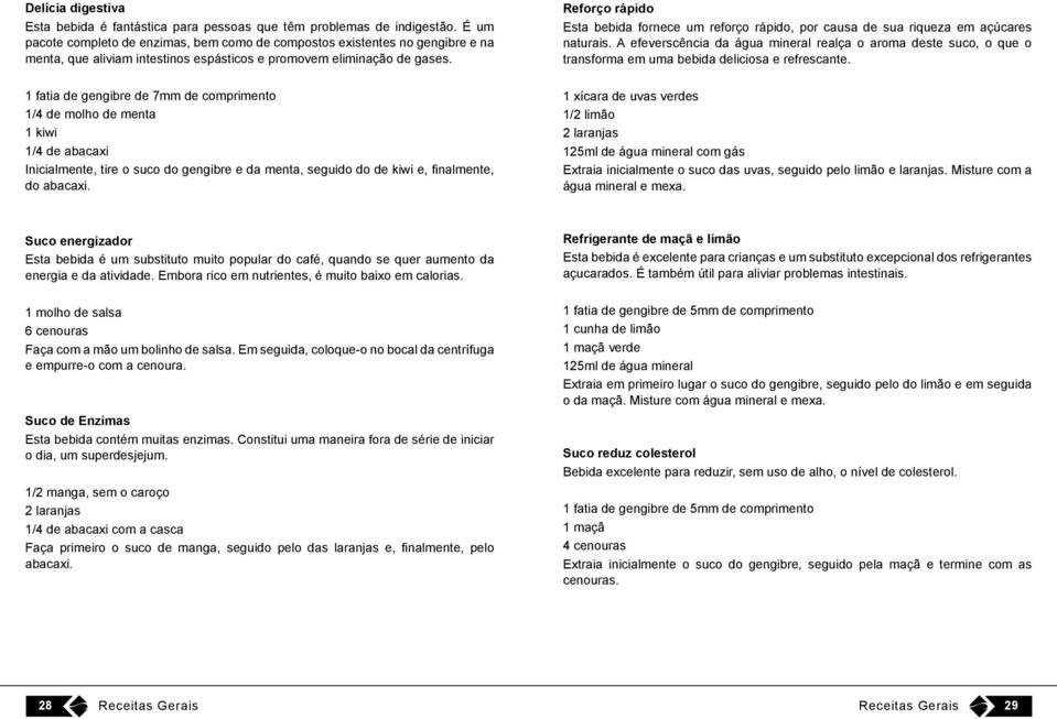 1 fatia de gengibre de 7mm de comprimento 1/4 de molho de menta 1 kiwi 1/4 de abacaxi Inicialmente, tire o suco do gengibre e da menta, seguido do de kiwi e, finalmente, do abacaxi.