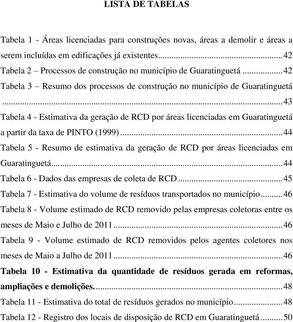 .. 43 Tabela 4 - Estimativa da geração de RCD por áreas licenciadas em Guaratinguetá a partir da taxa de PINTO (1999).