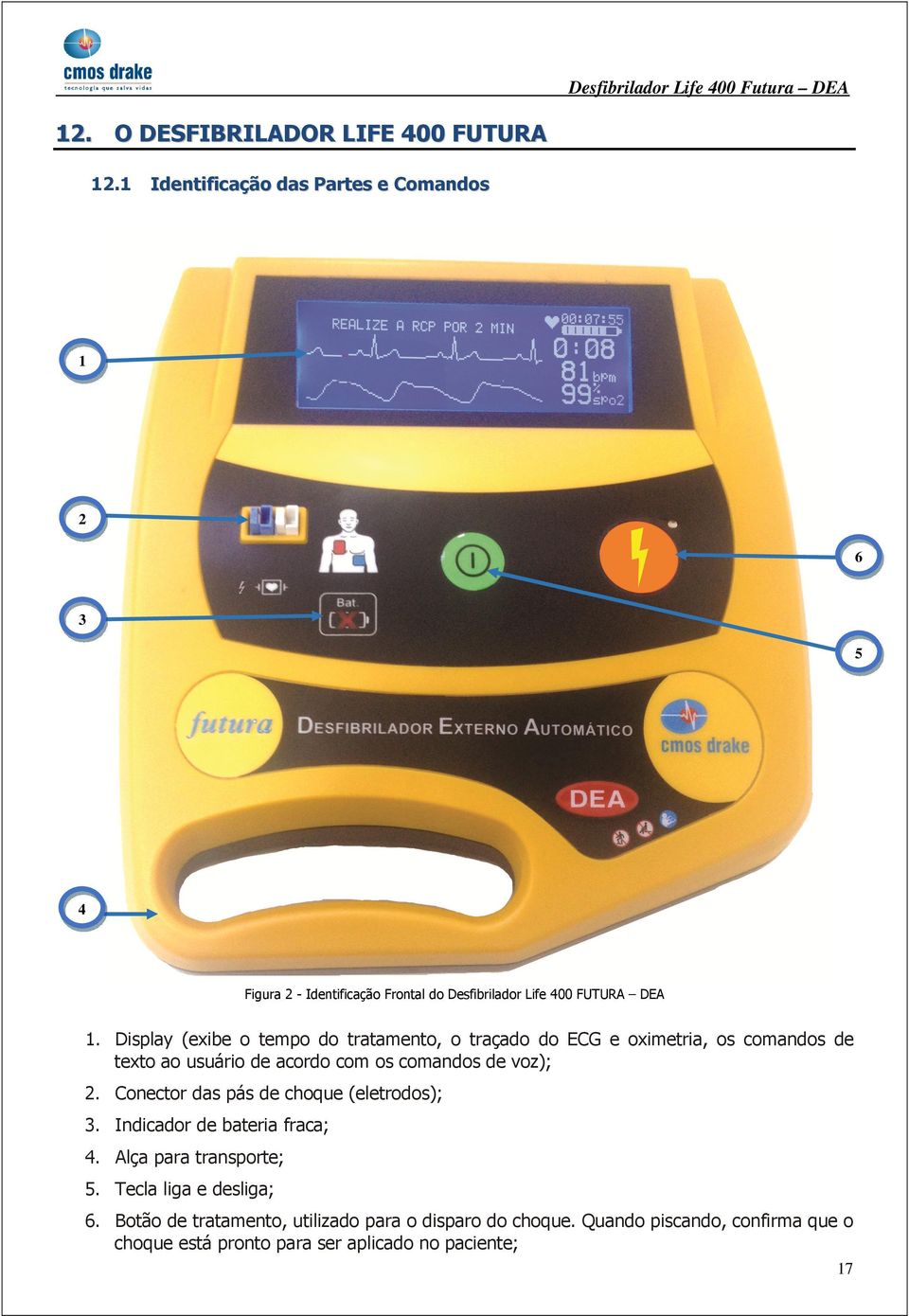 Display (exibe o tempo do tratamento, o traçado do ECG e oximetria, os comandos de texto ao usuário de acordo com os comandos de voz); 2.